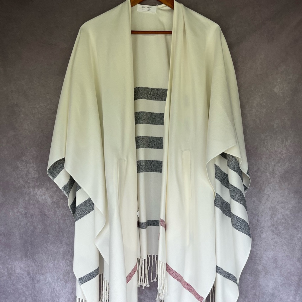 Mer Sea Striped Fringe Travel Wrap Sweater